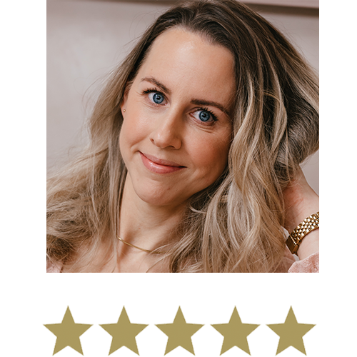 Woman smiling with five stars displayed underneath.