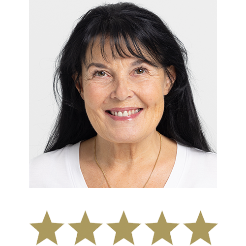Woman smiling with five stars displayed underneath.