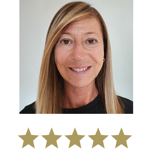Woman smiling with five stars displayed underneath.