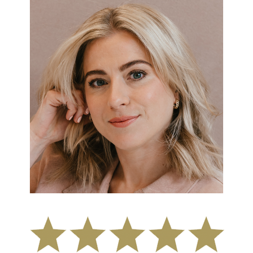 Woman smiling with five stars displayed underneath.