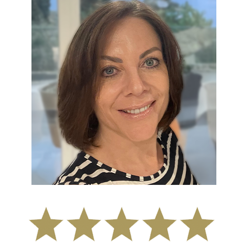 Woman smiling with five stars displayed underneath.