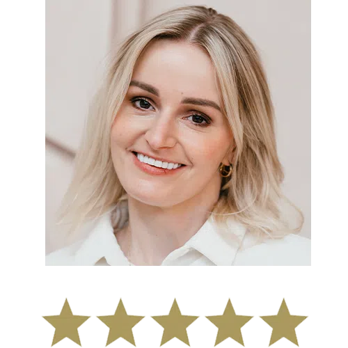 Woman smiling with five stars displayed underneath.