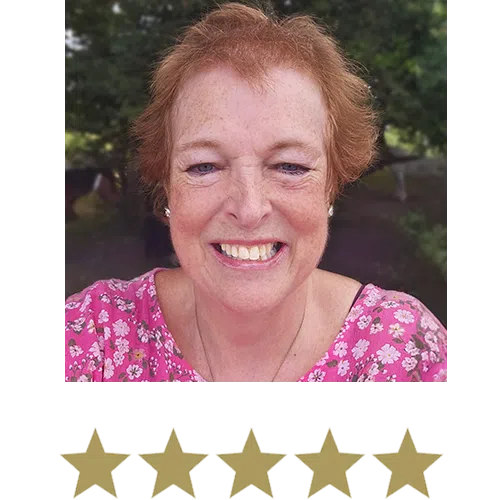 Woman smiling with five stars displayed underneath.