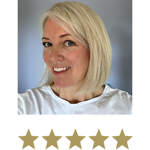 Woman smiling with five stars displayed underneath.