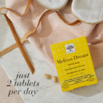 Melissa Dream™ tablets displayed with a sleeping mask and text Just 2 tablets per day.
