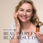 Women holding the Natural Magic™ Firming Serum with text Beata's Review, Real People Real Results.