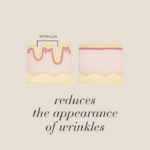 Diagram of skin showing wrinkles before and after, with text Reduces the appearance of wrinkles.