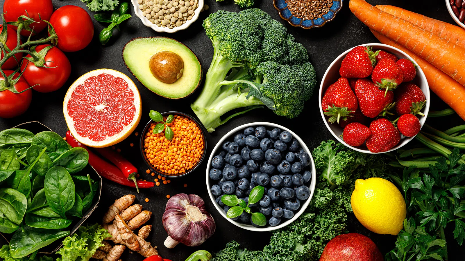 Blue Berry™ Eyebright Tablets 16 A colorful assortment of different fruits and vegetables.