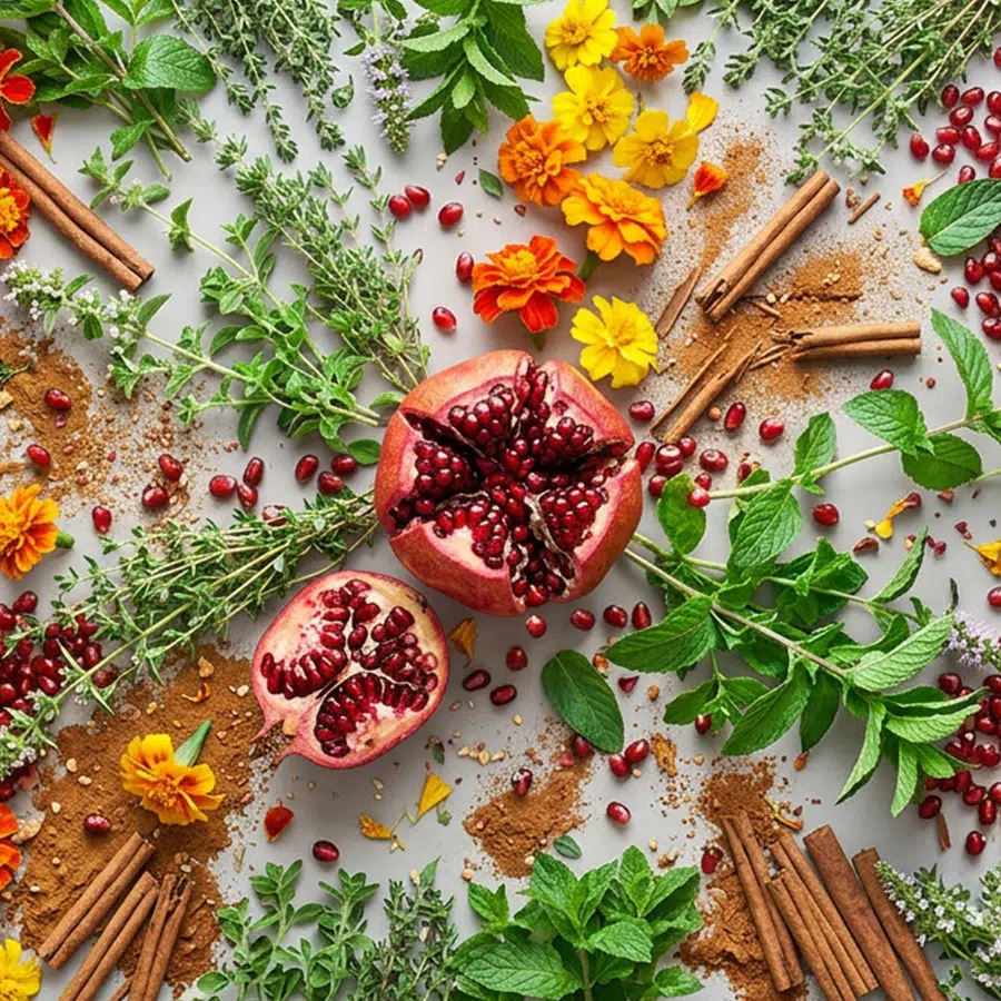Pomegranates surrounded by fresh herbs, flowers, cinnamon sticks and spices.