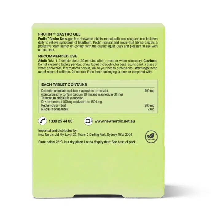 Back of the Frutin™ Gastro Gel Chewable Tablets package.