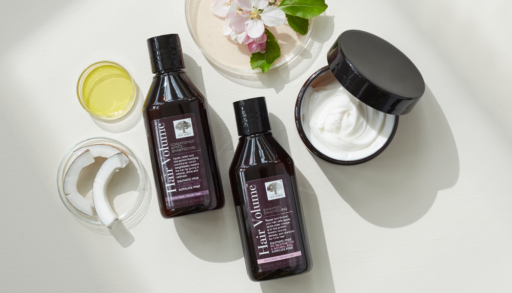 New Nordic Hair Volume™ shampoo, conditioner and repair mask with coconut and botanical ingredients.