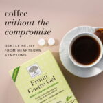 New Nordic Frutin™ Gastro Gel with a cup of coffee and tablets, offering gentle relief from heartburn symptoms.