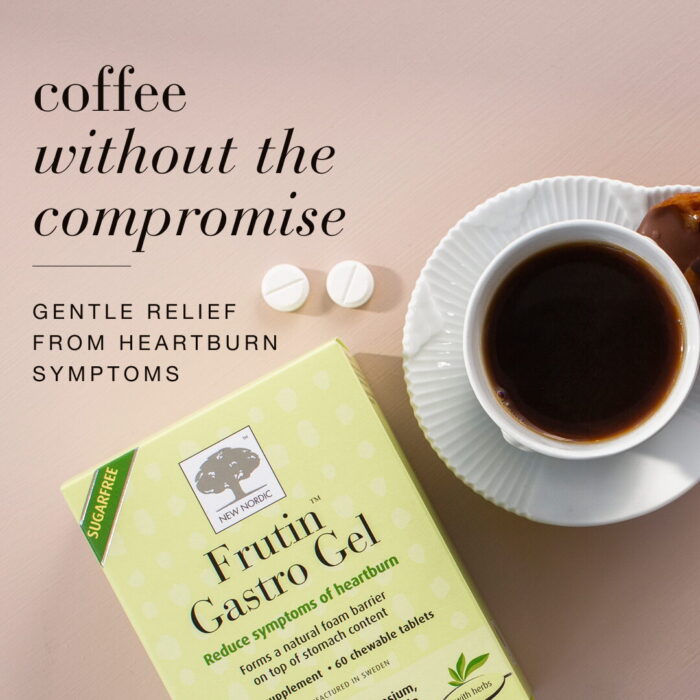 New Nordic Frutin™ Gastro Gel with a cup of coffee and tablets, offering gentle relief from heartburn symptoms.