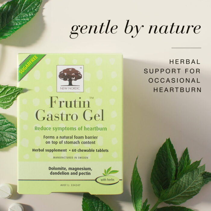 New Nordic Frutin™ Gastro Gel with green leaves and text about herbal support for occasional heartburn.