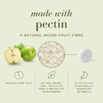 Infographic showing fruit-derived pectin, a natural micro-fruit fibre that helps form a protective foam barrier and relieve heartburn symptoms.