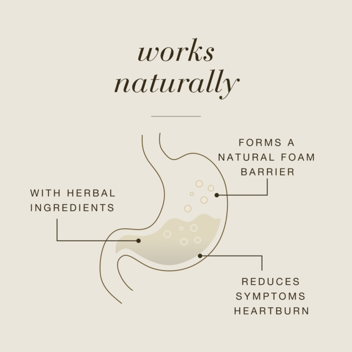 Illustration of the stomach with herbal ingredients and a natural foam barrier.