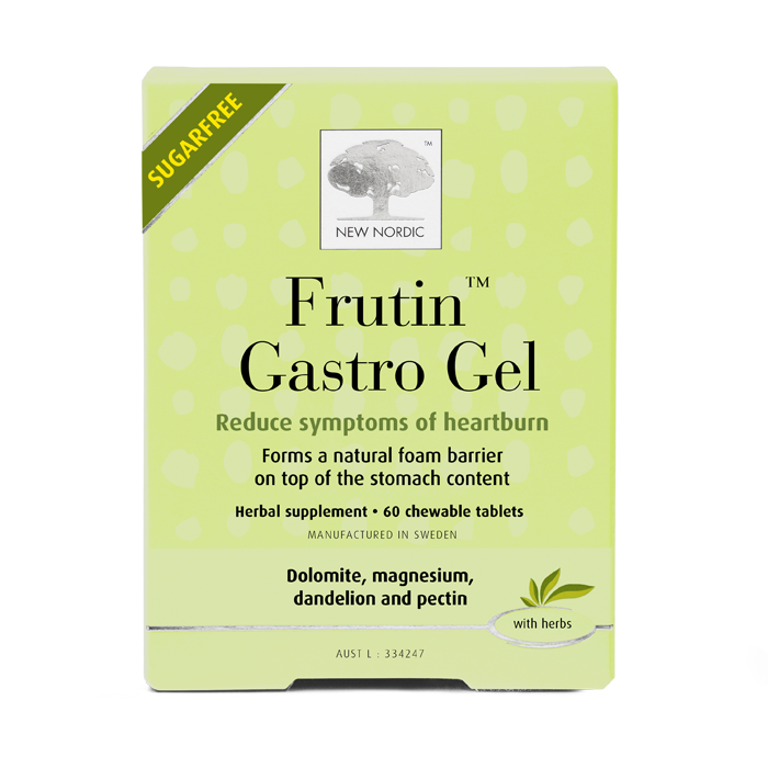 New Nordic Frutin™ Gastro Gel sugar-free chewable tablets for heartburn relief.