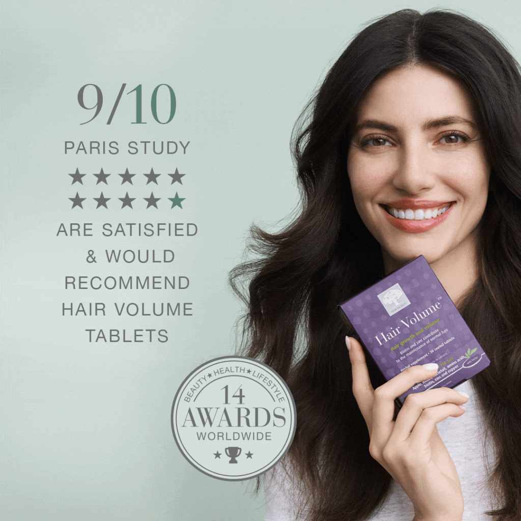Woman with long dark hair holding Hair Volume™ Tablets, with text about a Paris study and 14 international awards.