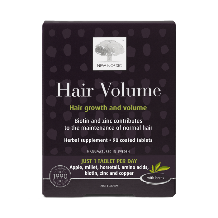 Packshot photo of Hair Volume tablets: a dietary supplement with vitamins for hair health. 